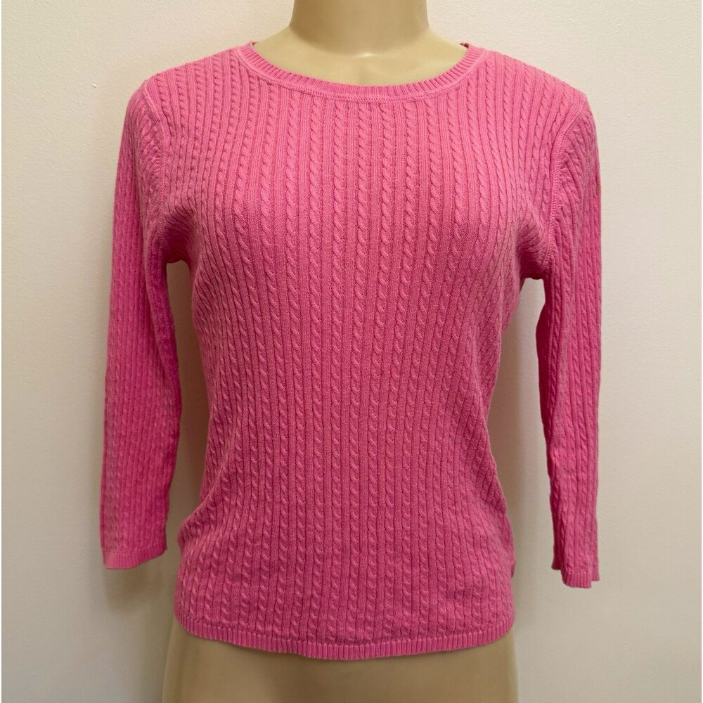 VTG Polo Jeans Co Ralph Lauren Pink Cable Knit Sweater Womens L 100% Cotton 3/4